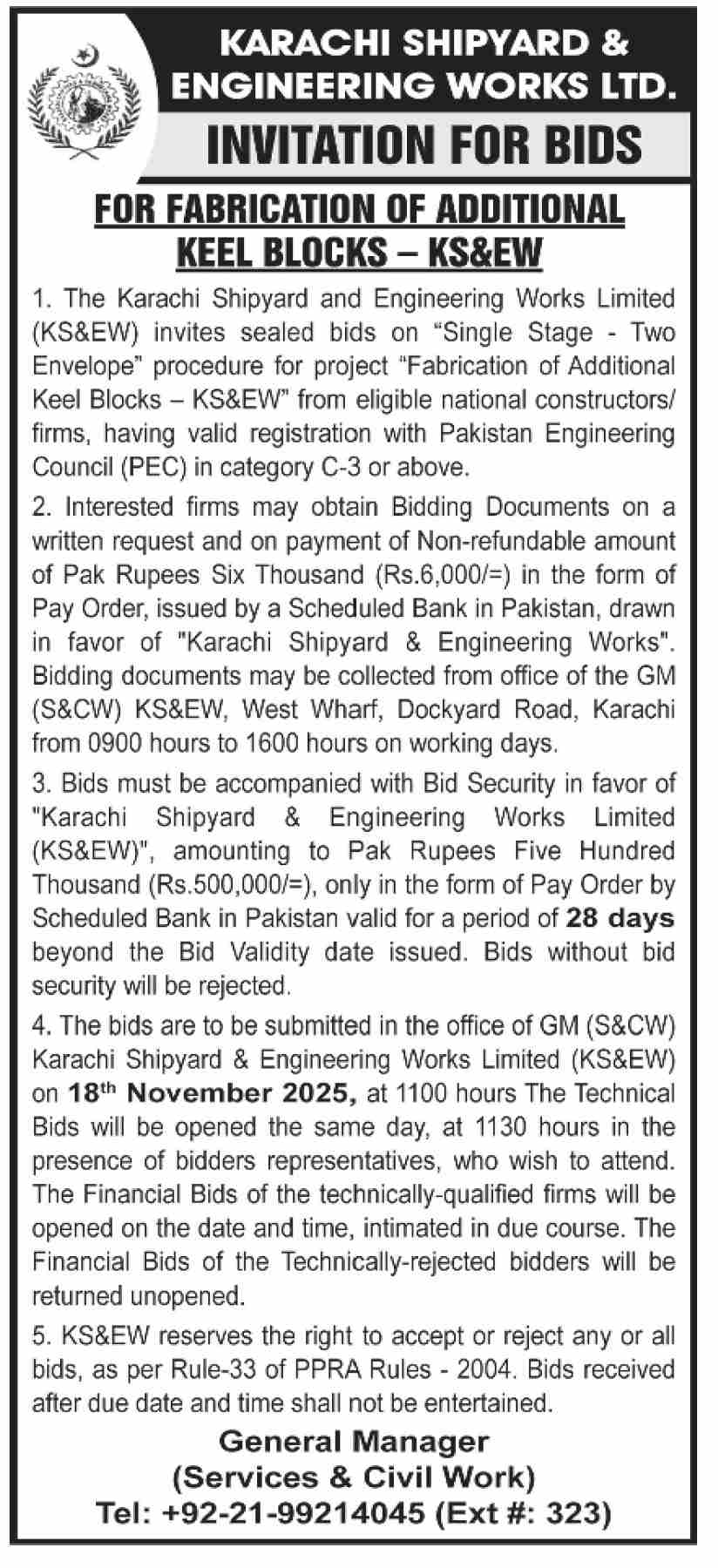 Karachi Shipyard & Engineering Works Limited Tender Notice